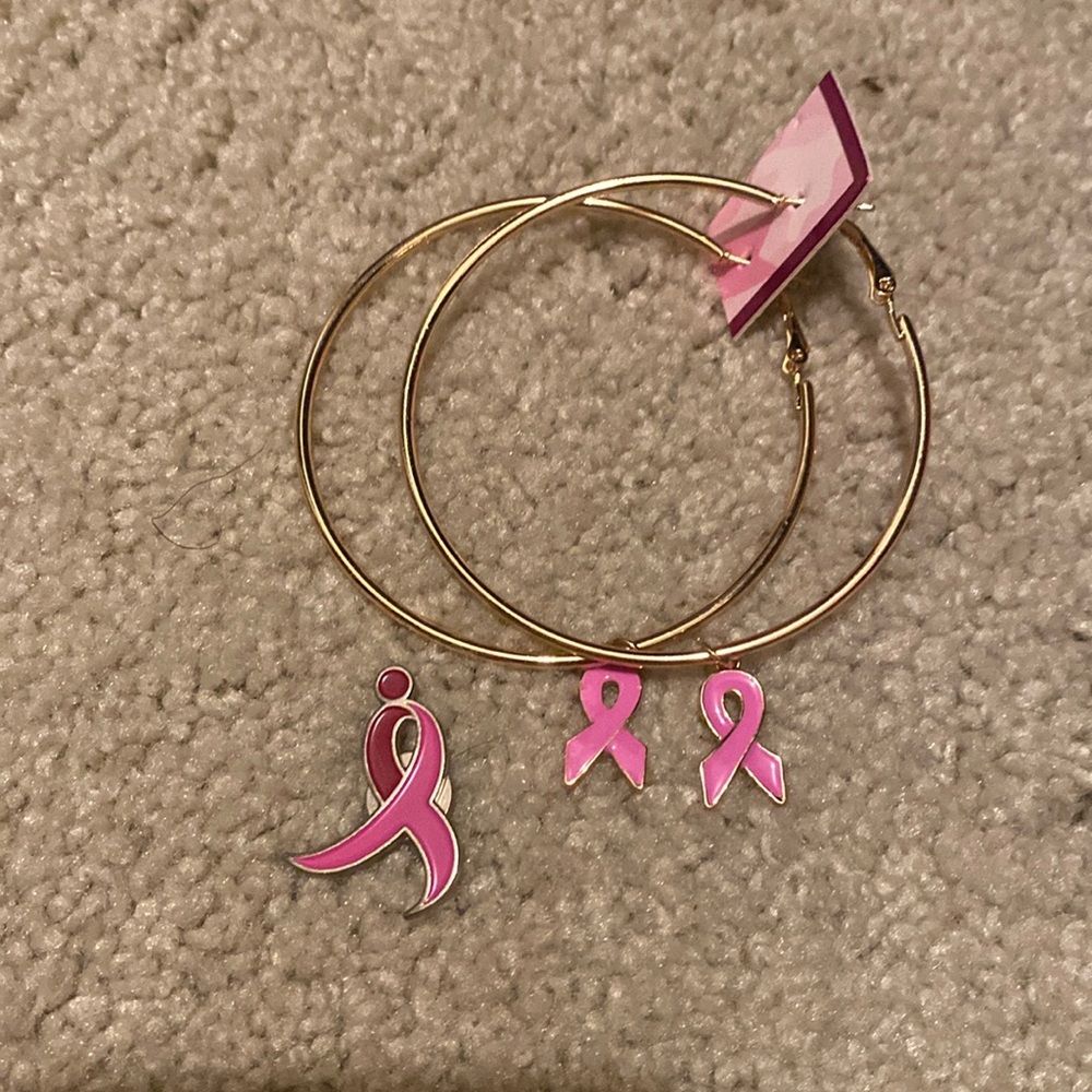Breast cancer awareness hoops and pin